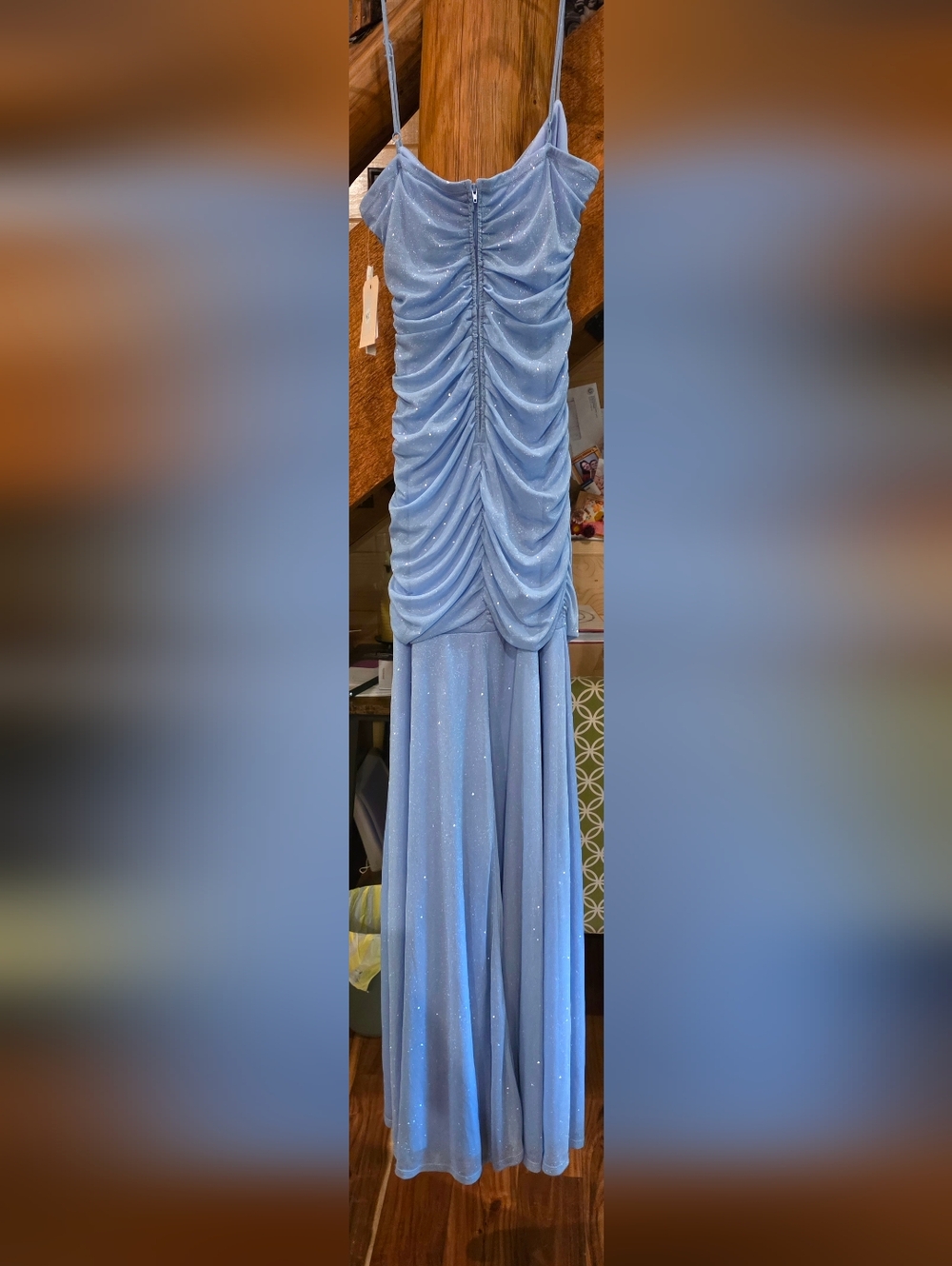 Macy's Sparkle Dust Light Blue Ruched Spaghetti Strap Dress - Picture 8 of 8